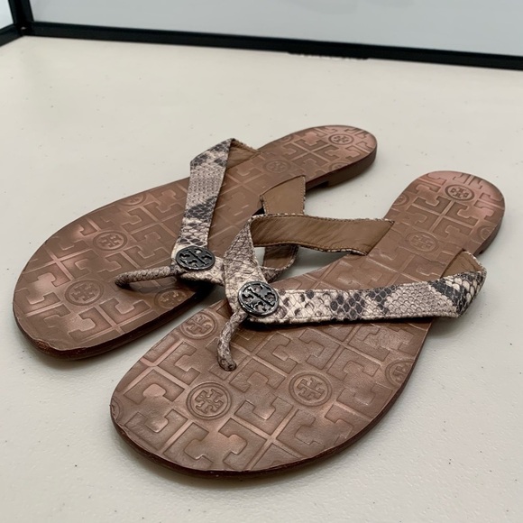 Tory Burch Sandals Adult Size 11M Brown Thora Snake Print Leather Thong Women - Picture 1 of 6